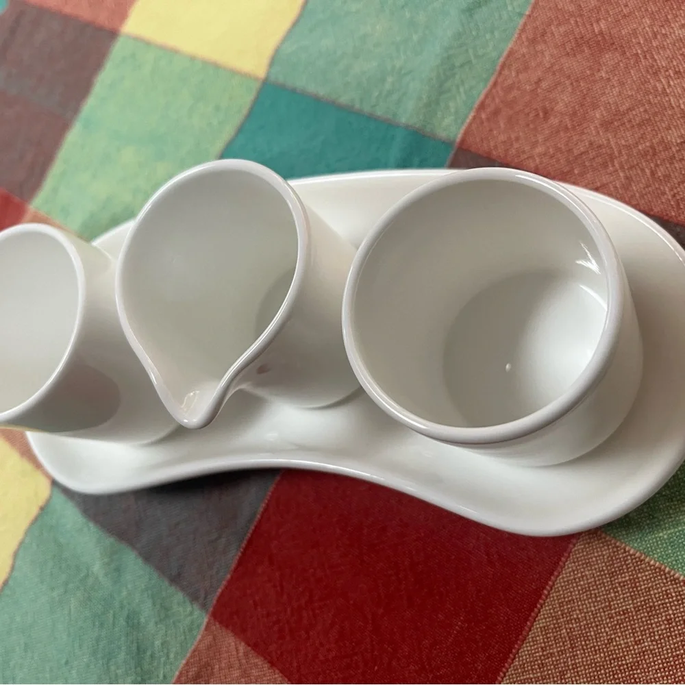 White Ceramic 3-Piece Serveware Set - Trio Dishes with Sauce Pourer